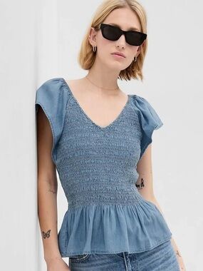 GAP Light Blue Smocked V-Neck Peplum Top